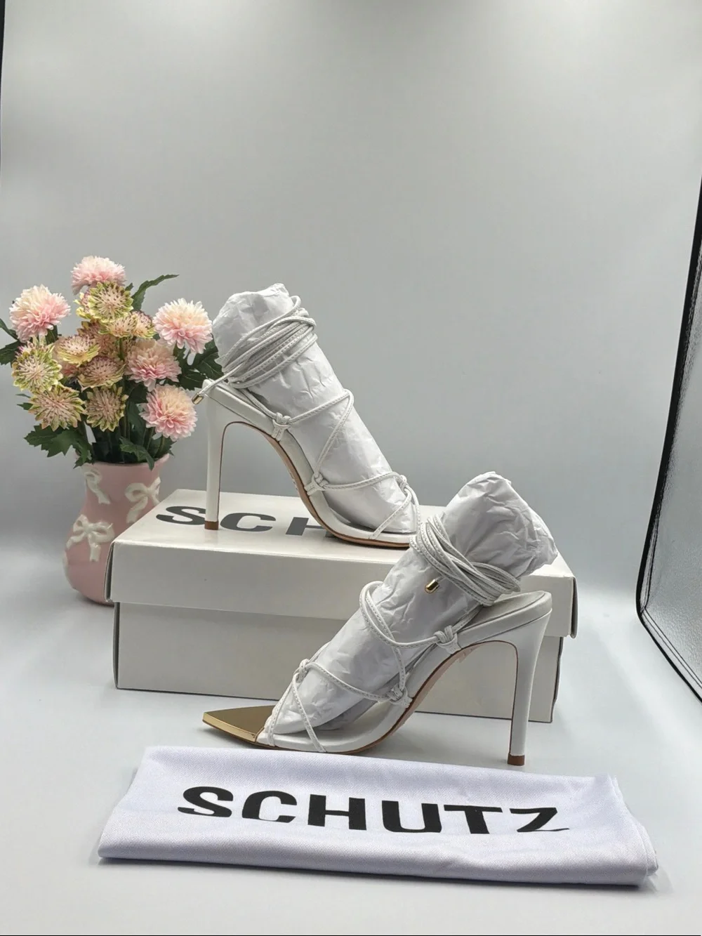 SCHUTZ White Strappy Pointed-Toe Stiletto Sandals with Gold Toe Accent